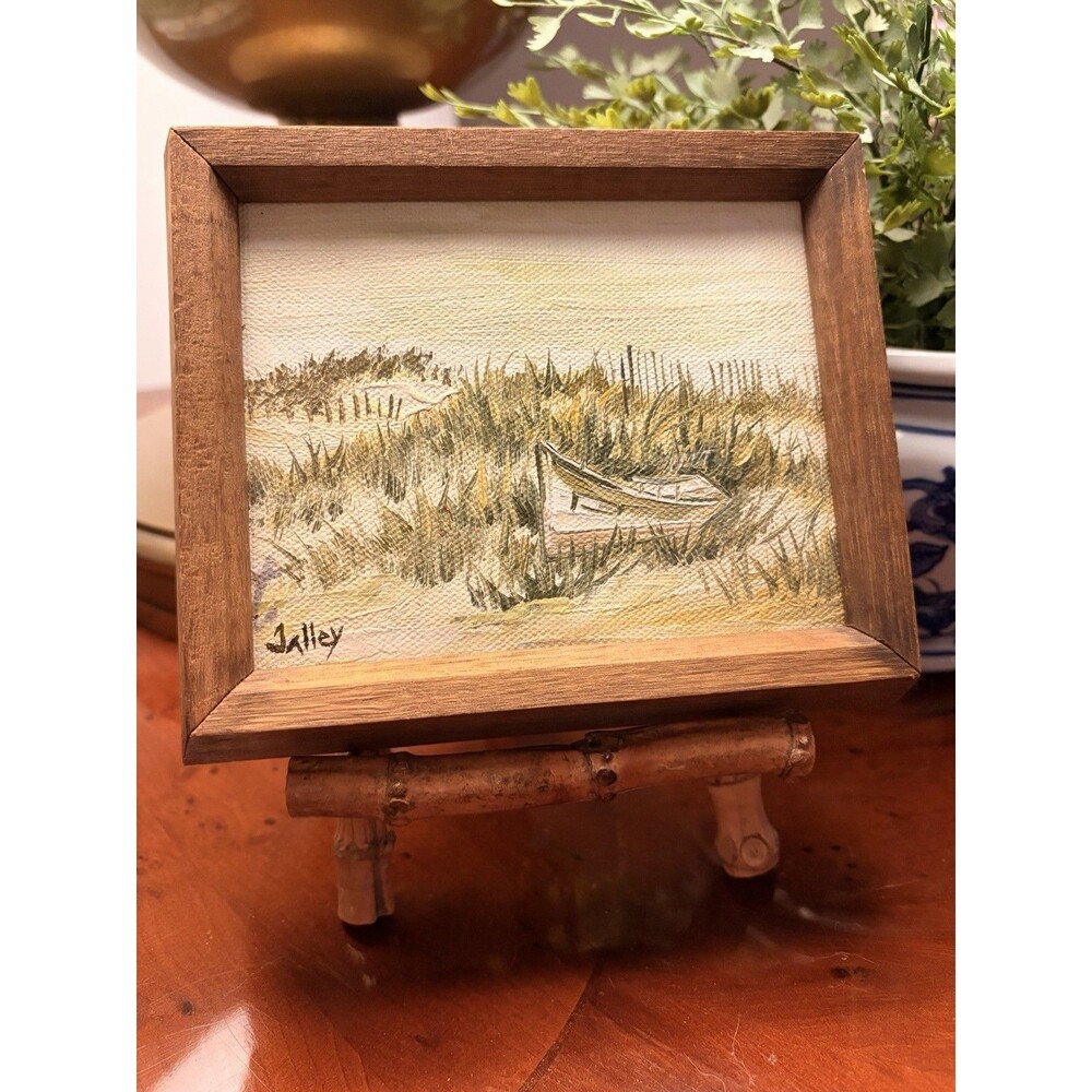 Seascape Boat Original Painting Framed in wood. Signed